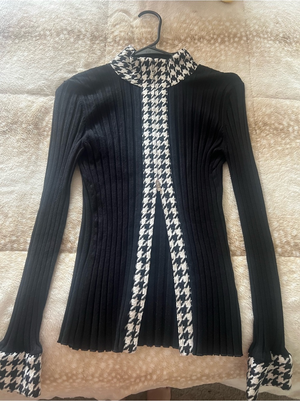 Belldini Black Zip-Up Ribbed Sweater with Black & White Houndstooth Trim